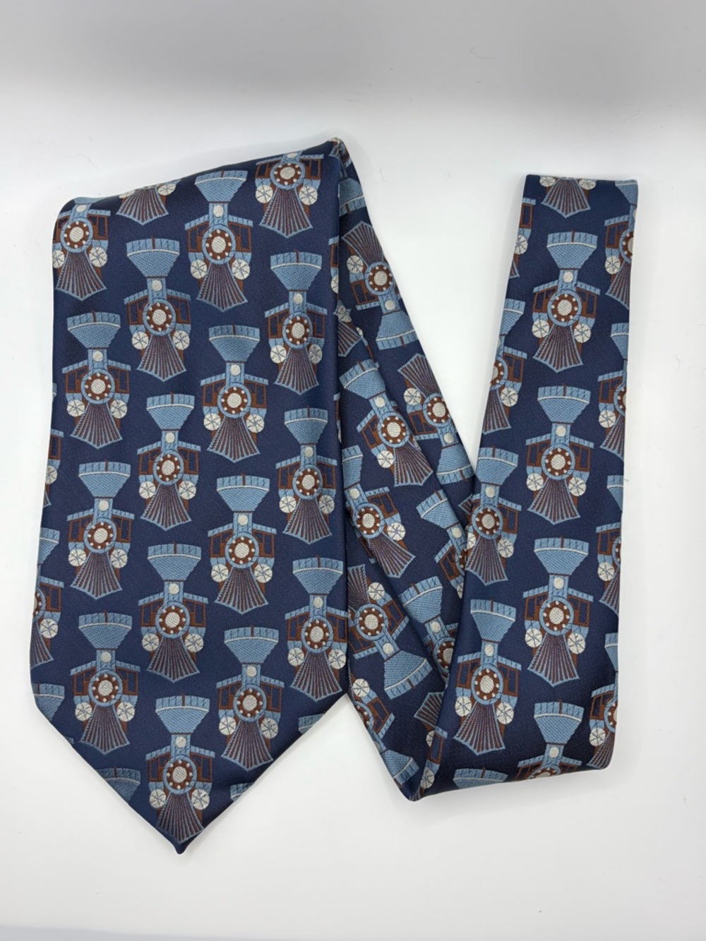 Flander Train Engine Tie Vintage Locomotive Pattern Navy Blue Trimmings Bermuda